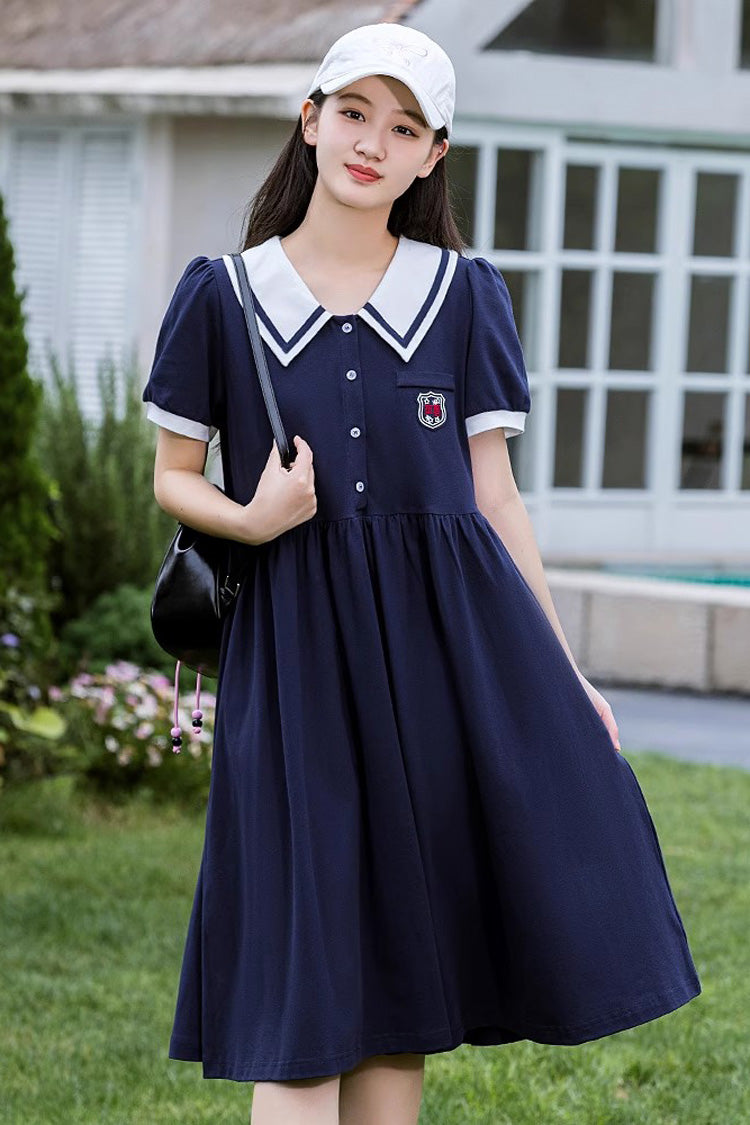 Sweet Short Sleeves High Waisted College Style Lolita Dress 2 Colors