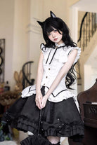 Black/White [Miss Black Cat] Sleeveless Printed Ruffled Sweet Princess Ballet Lolita Skirt Set