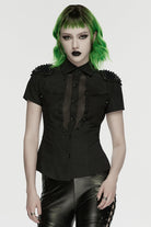 Black Lapel Collar Short Sleeves Mesh Studded Tassels  Women's Punk Blouse