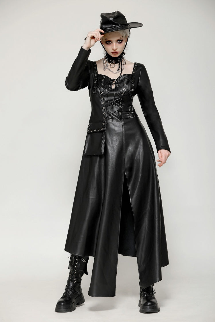 Black Women's Punk Long Sleeves Cut-Out Side Slit Irregular Hem Dress
