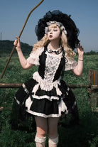 Black [Twilight] Double-Layered Ruffle Bowknot Lace Gothic Elegant Ballet Lolita Skirt Set