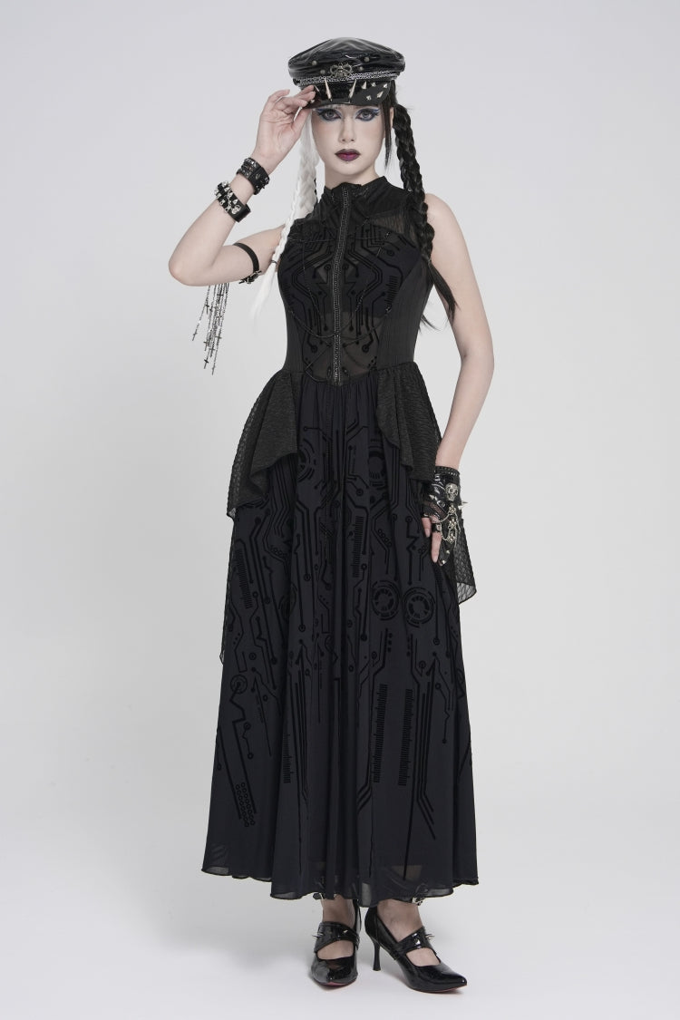 Black Stand Collar Sleeveless Multi-Layered Printed Hanayome Sheer Women's Punk Elegant Gorgeous Dress