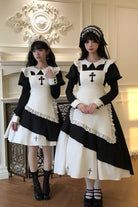 Black/White [Halloween Little Maid] Lapel Collar Long Sleeves Printed Ruffled Asymmetric Nun Gothic Lolita Dress