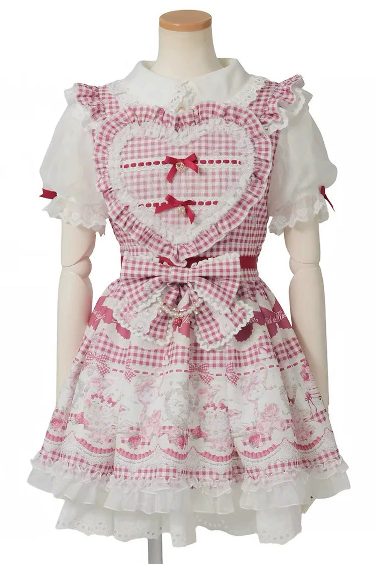 Jirai Kei Lapel Collar Short Sleeves Printed Bow Sweet Plus Size Dress 3 Colors