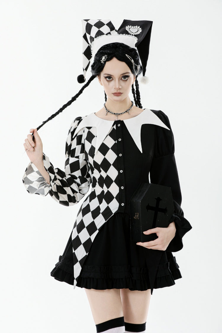 Black/White Harlequin Collar Diamond Pattern Color-Blocked Long Puff Flare Sleeves Women's Gothic Blouse