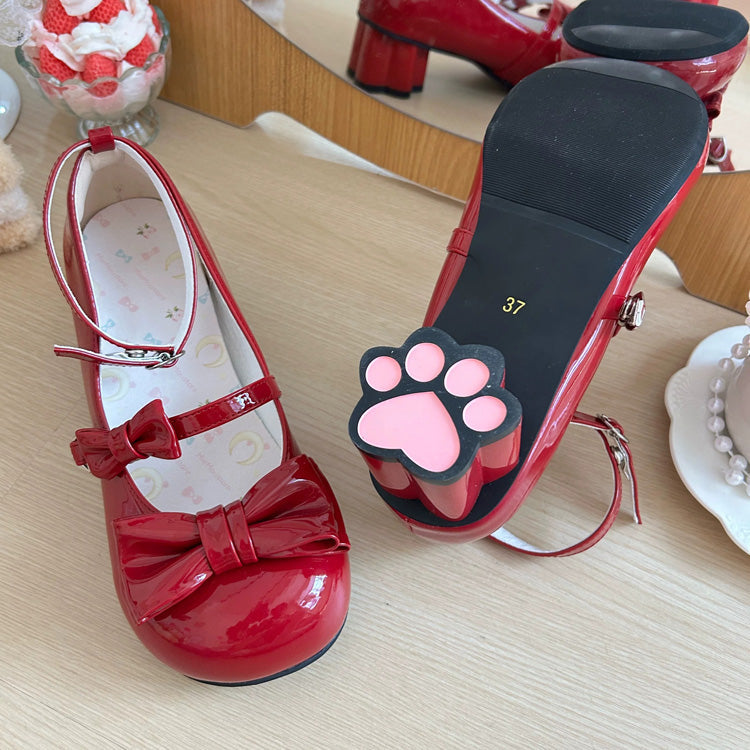 Round Toe Bow Mid Heel Lolita Mary Jane Shoes with Cat Paw Heels 7 Colors