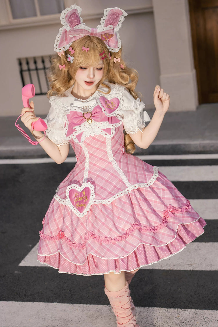 Pink [Candy Cream Puff Strawberry Cake] Multi-Layered Printed Ruffled Bow Plus Size Sweet Princess Lolita Dress 2 Versions