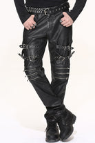 Black Punk Rock Biker Multi Loops Silver Zipper Hand Rubbed Leathers Mens Pants