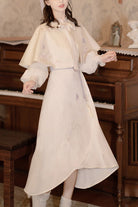 Beige Retro Stand Up Collar Ruffled Lantern Sleeves Butterfly Embroidery Classic Lolita OP Dress Full Set