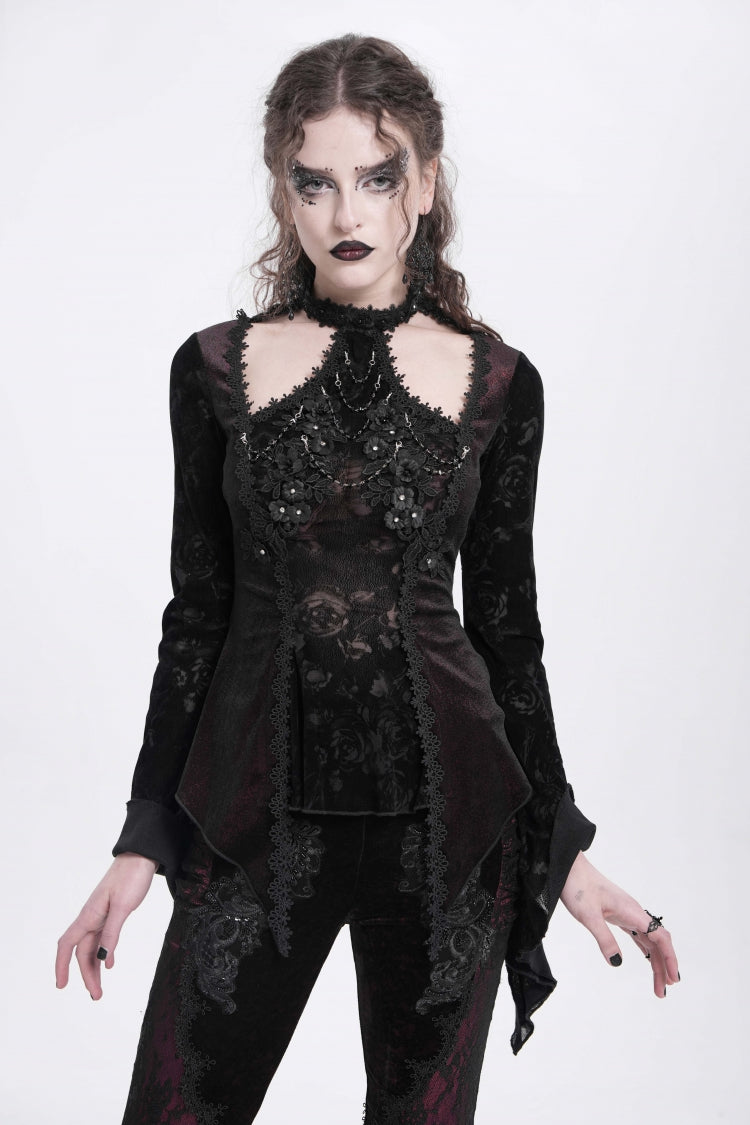 Red Long Trumpet Sleeves Jacquard Cutout Women's Gothic Blouse