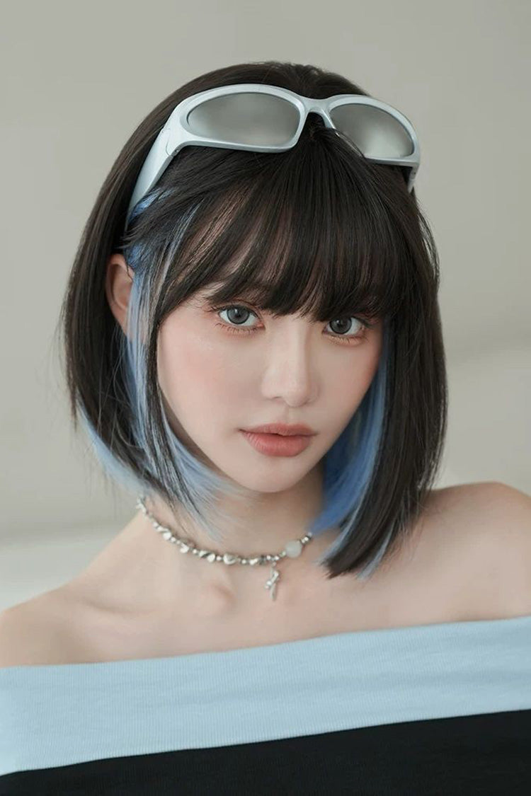 Sky Blue/Black Highlight Natural Face-Framing Clavicle Bob Sweet Lolita Wig