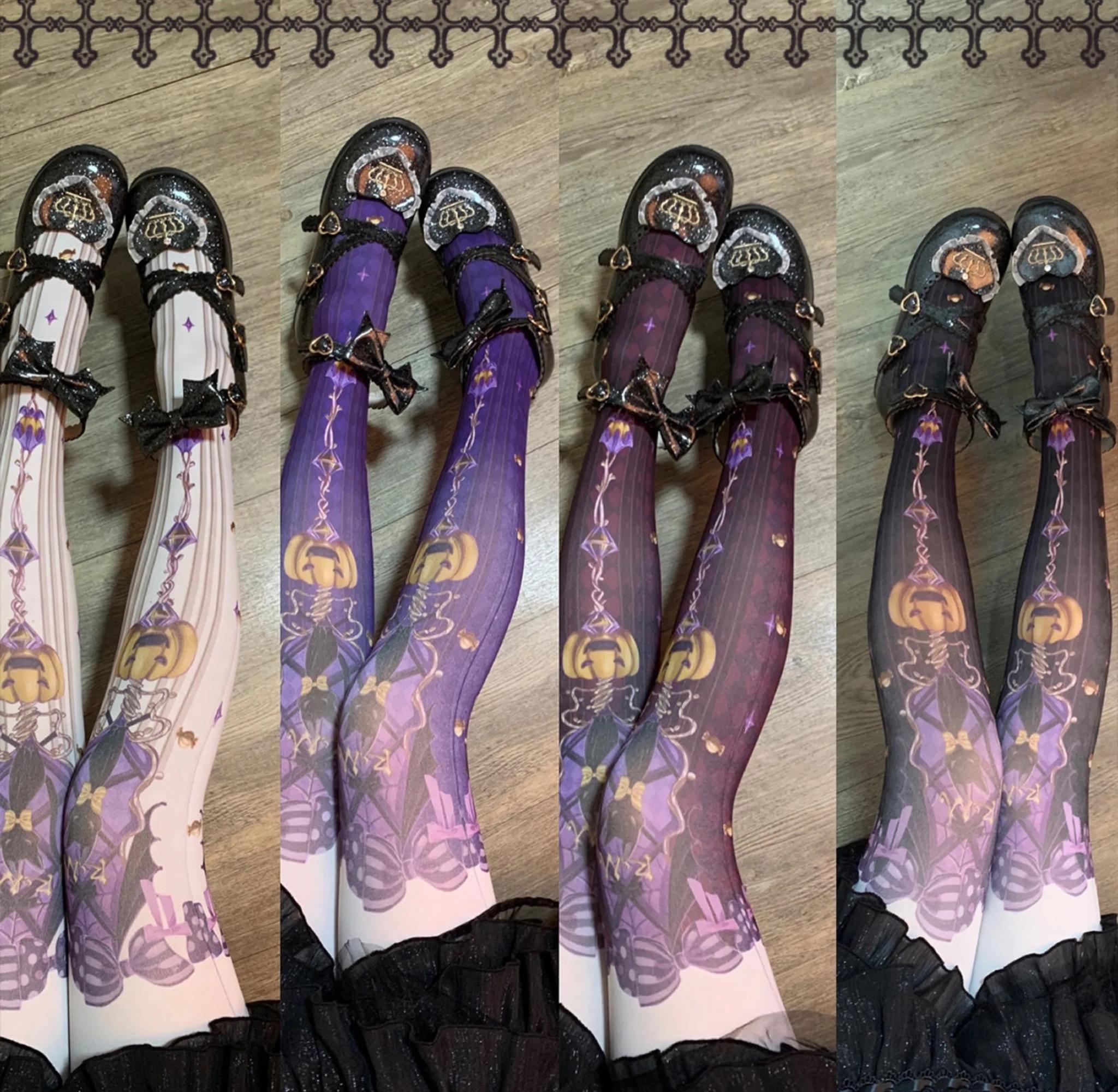 Halloween Pumpkin Cat - Gothic Lolita Pantyhose, Pumpkin and Black Cat Print