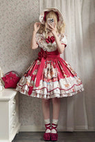 Red [The Tale of a Curious Cat] Round Collar Short Sleeves Double-Layered Printed Ruffled Bow Sweet Lolita Dress