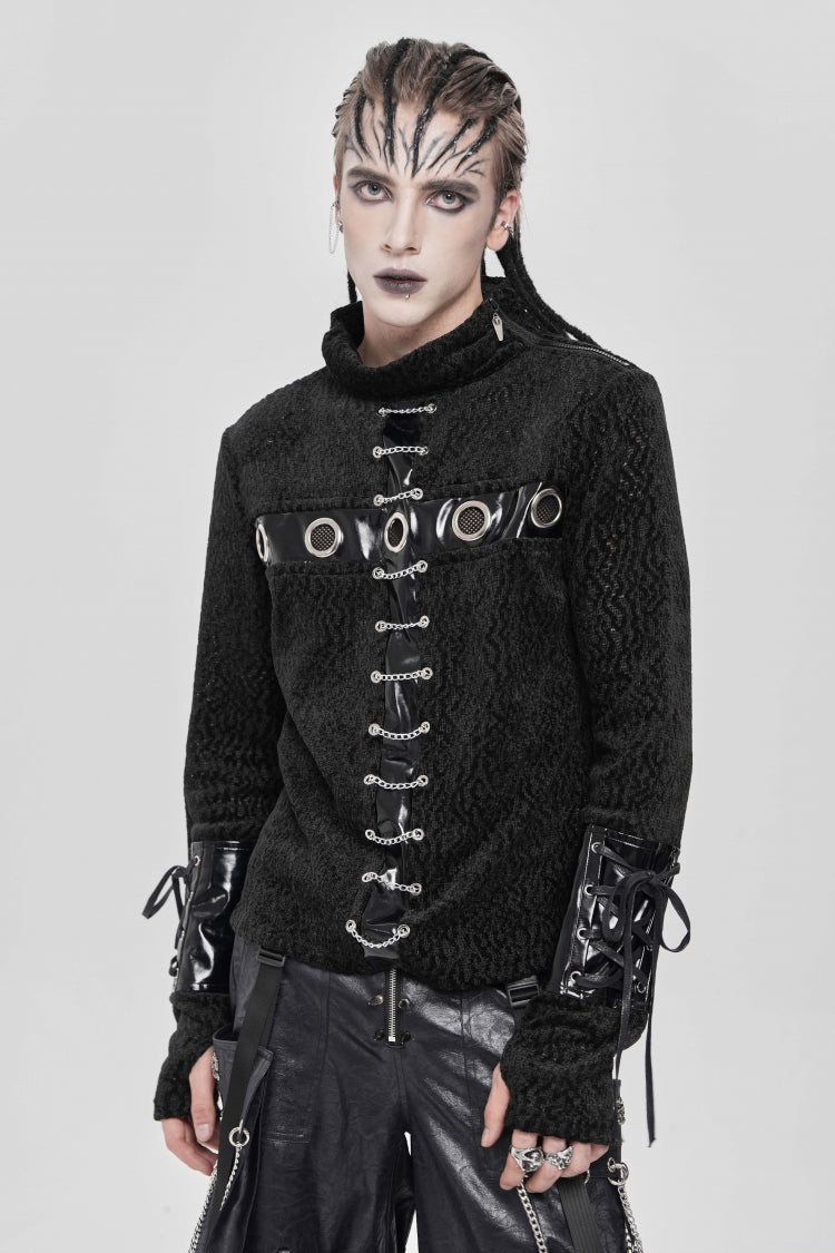 Black Stand Collar Long Sleeves Faux Leather Stitching Chain Eyelet Men's Punk Blouse