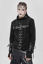 Black Stand Collar Long Sleeves Faux Leather Stitching Chain Eyelet Men's Punk Blouse