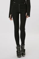Black Slim Silver Chain Metal Rivets Women's Steampunk Military Leggings