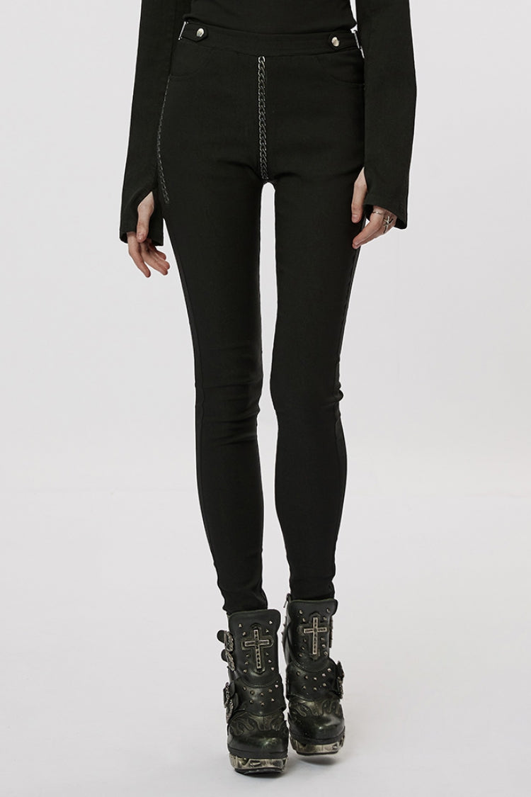 Black Slim Silver Chain Metal Rivets Women's Steampunk Military Leggings