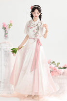 White/Pink [Tulip] Round Collar Short Sleeves High Waisted Printed Women's Sweet Hanfu Set