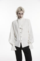 White Stand Collar Long Puff Sleeves Jacquard Detachable Tie Men's Gorgeous Shirt