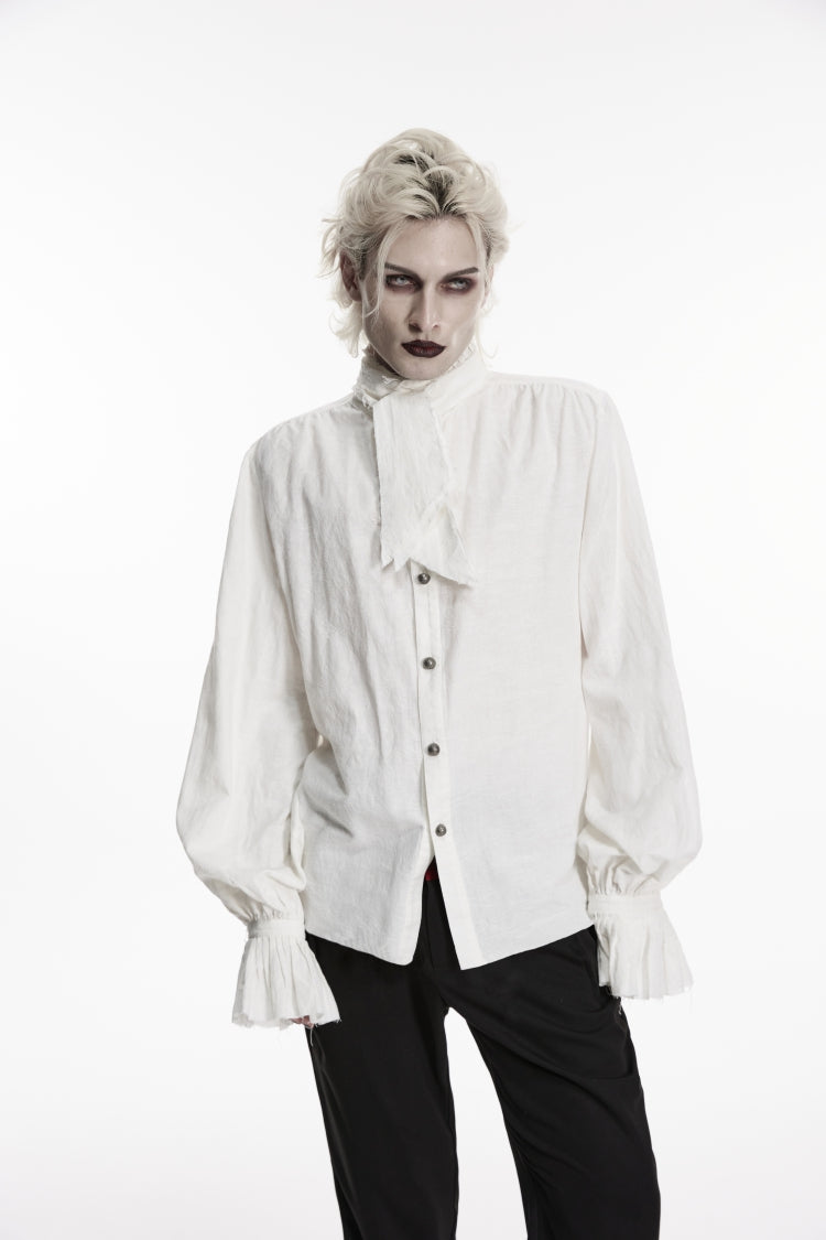 White Stand Collar Long Puff Sleeves Jacquard Detachable Tie Men's Gorgeous Shirt