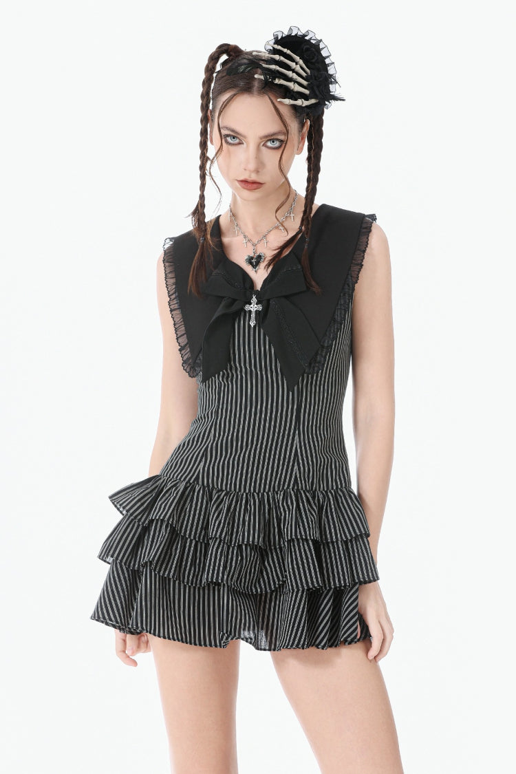 Black/Grey Navy Collar Sleeveless Bow Lace-Up Pinstripe Multi-Layered Ruffled Women's Gothic Dress