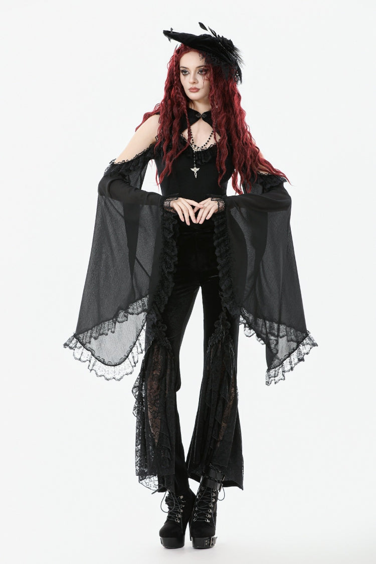 Black Women's Gothic Floral Embroidered Lace Flared Pants
