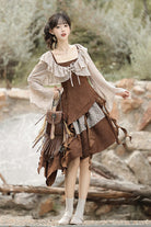 Brown [Dune Traveler] Printed Ruffled Spliced Asymmetric Punk Vintage Lolita Jsk Dress Set