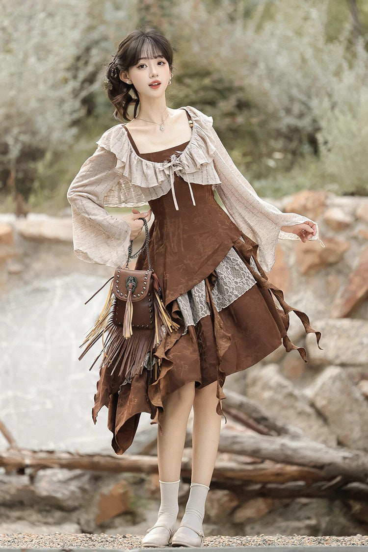 Brown [Dune Traveler] Printed Ruffled Spliced Asymmetric Punk Vintage Lolita Jsk Dress Set