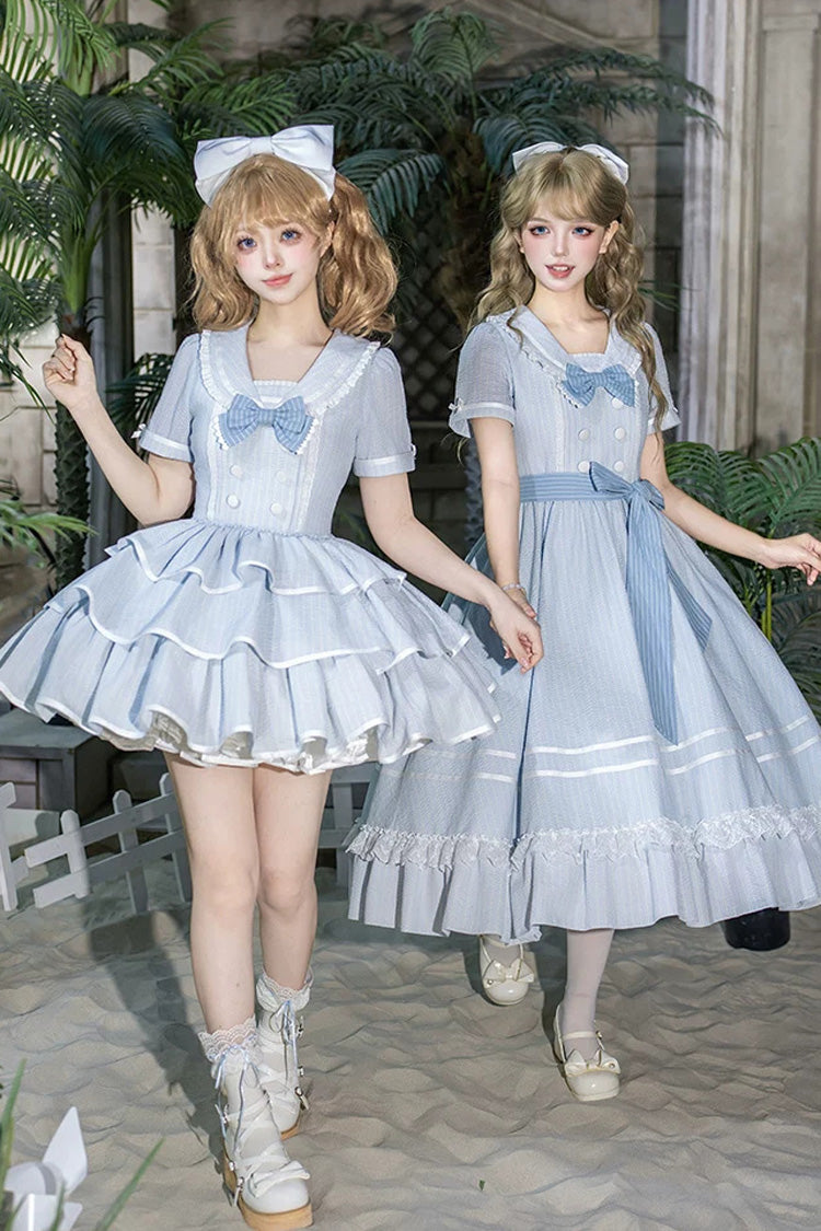 Blue [Seven Day Bell] Navy Collar Short Sleeves Printed Ruffled Bow Sweet Lolita Dress 2 Versions