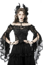 Black Off Shoulder Lace Long Trumpet Sleeves Floral Mesh Women's Gothic Cape