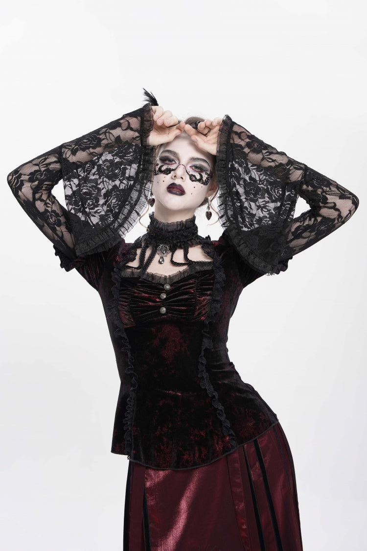 Red  Long Trumpet Sleeves Lace Mesh Faux Two-Piece Pleated Eyelet Women's Gothic Palace Velvet Blouse