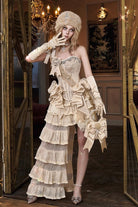 Light Brown [Slavic Noble Lady] Sleeveless Multi-Layered Sparkling Diamonds Ruffled Bow Lace-Up Irregular Gothic Elegant Lolita Skirt & Corset Set