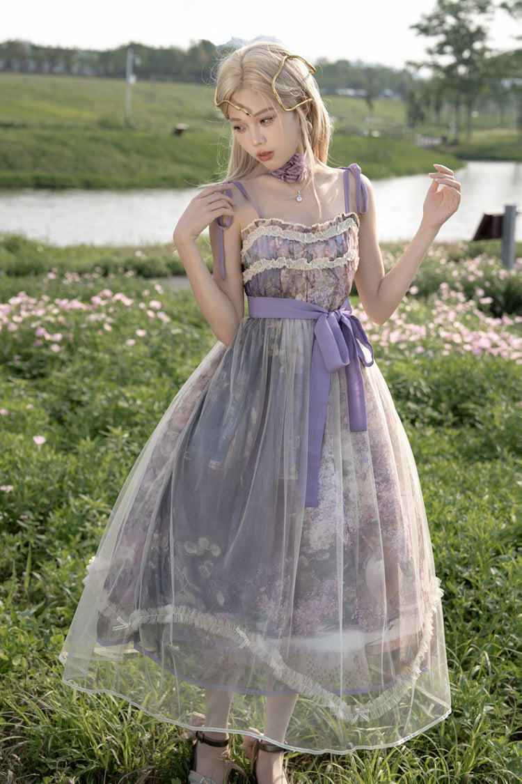 Purple [Oil Painting â€?In the Shade of Blossoming Trees] Sleeveless Print Ruffle Bowknot Lace Sweet Lolita Jsk Dress