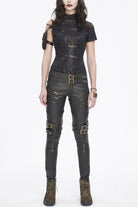 Black Prints Spaghetti Straps Buckle Womens Punk Short Sleeves