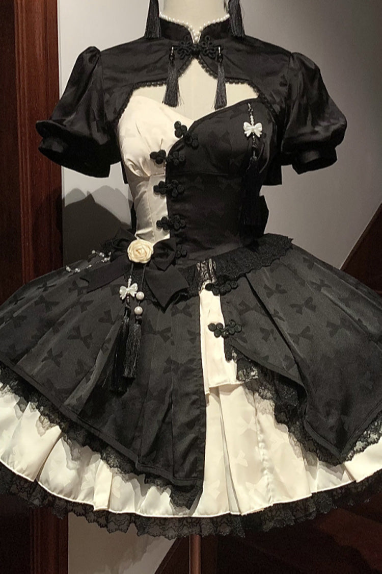 Chinese Style Short Sleeves Print Ruffle Hollow Bowknot Lace Asymmetric Sweet Vintage Lolita Dress 4 Colors