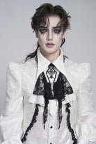 White Jacquard Lace Men's Gothic Royal Cross Beaded Neckwear