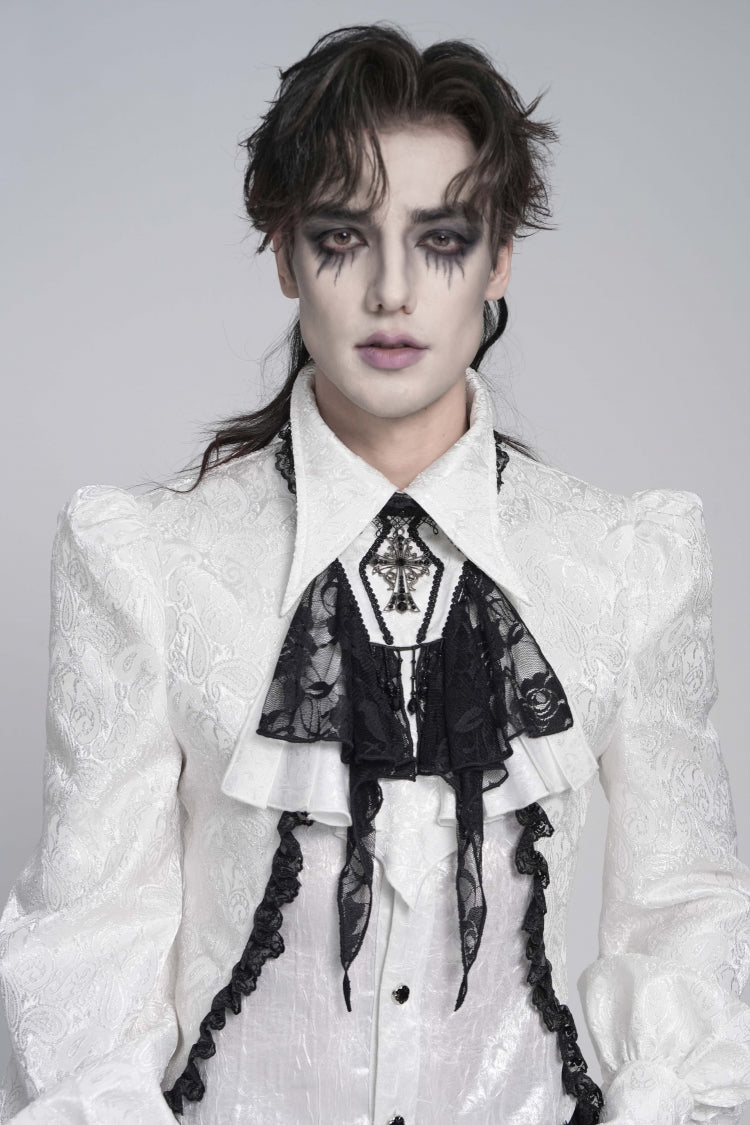 White Jacquard Lace Men's Gothic Royal Cross Beaded Neckwear