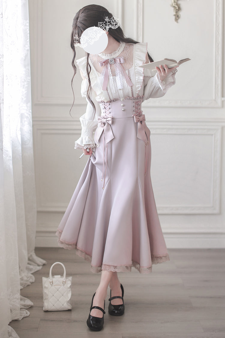 Pink Ruffle Bowknot Slim Sweet Elegant Lolita Fishtail Skirt Dress