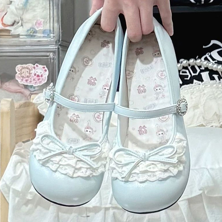 Blue Bow Lace Mid-Heel Round-Toe Sweet Lolita Mary Jane Shoes