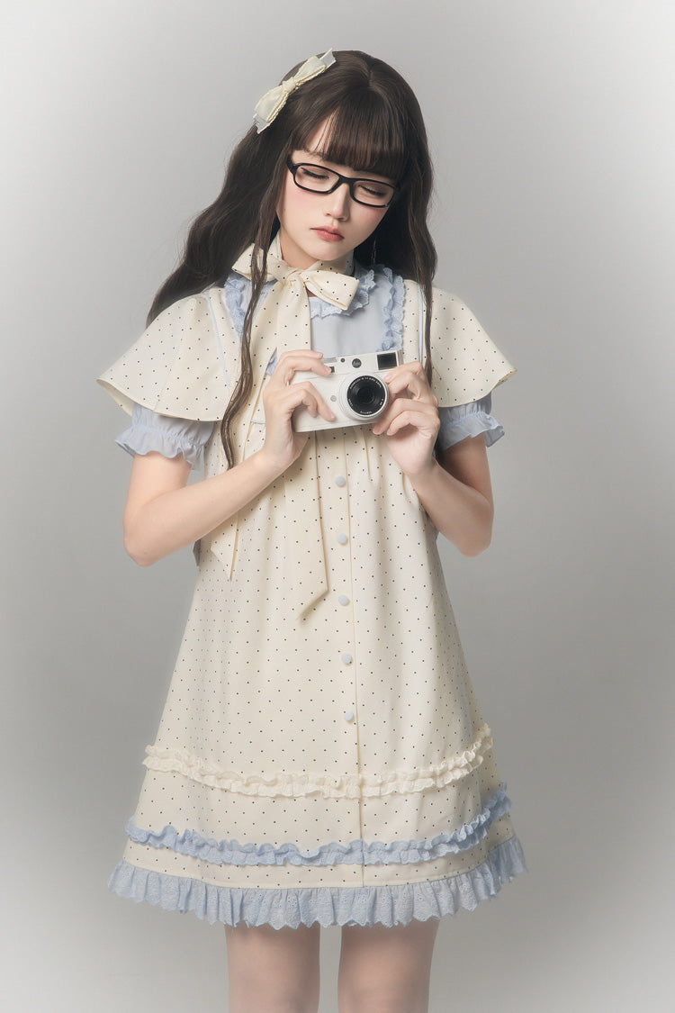 Aqua [Polka Dot Bouclé] Round Collar Long Sleeves Printed Ruffled Faux Two-Piece Sweet Japanese Lolita Dress