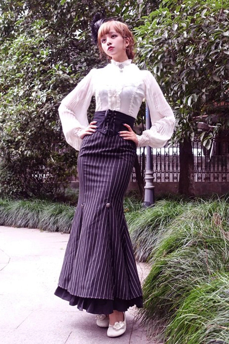Black [Lorelei] Double-Layered Striped Print Ruffle Gothic Elegant Lolita Mermaid Maxi Skirt