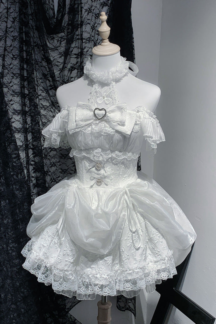 White [Rose Dream] Halterneck Short Sleeves Print Ruffle Bowknot Lace Gothic Jirai Kei Dress