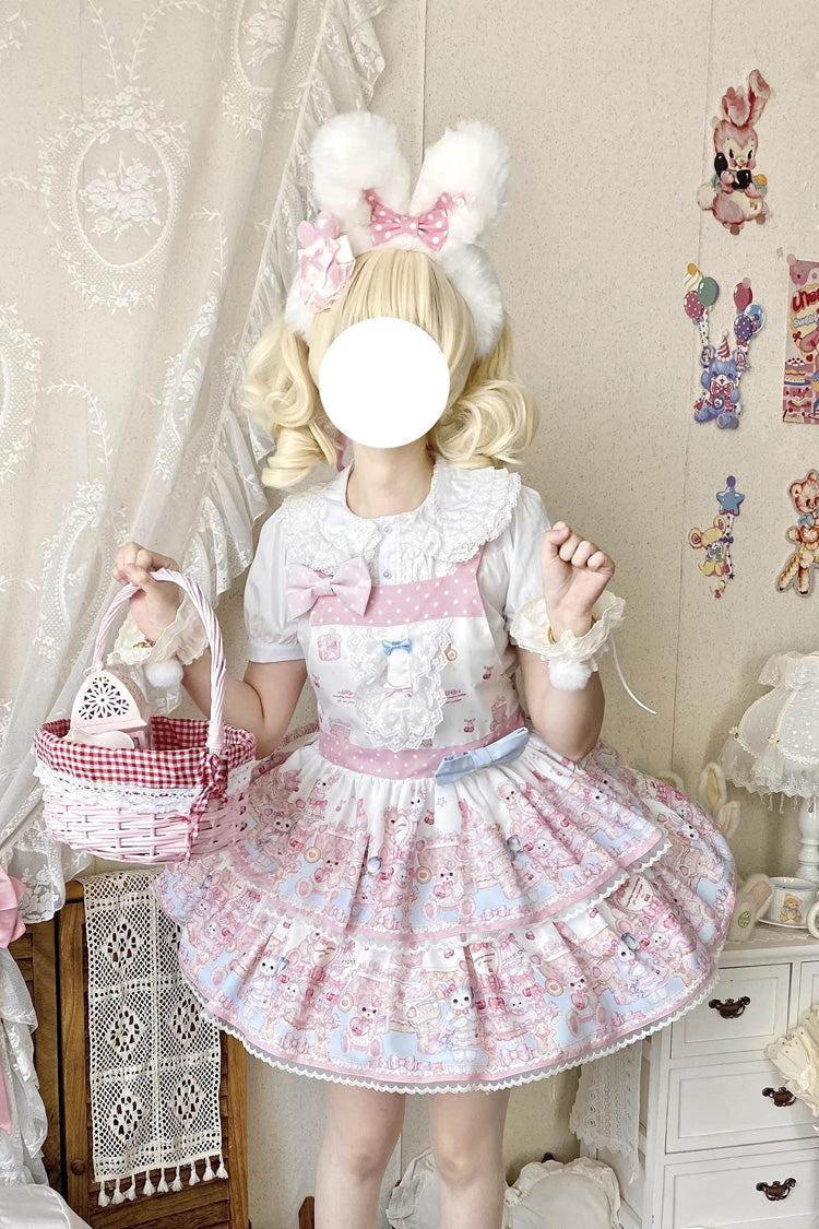 Pink [Bunny & Bear Tea Party] Sleeveless Double-Layered Printed Ruffled Bow Lace Sweet Lolita Strap Dress