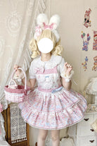 Pink [Bunny & Bear Tea Party] Sleeveless Double-Layered Printed Ruffled Bow Lace Sweet Lolita Strap Dress