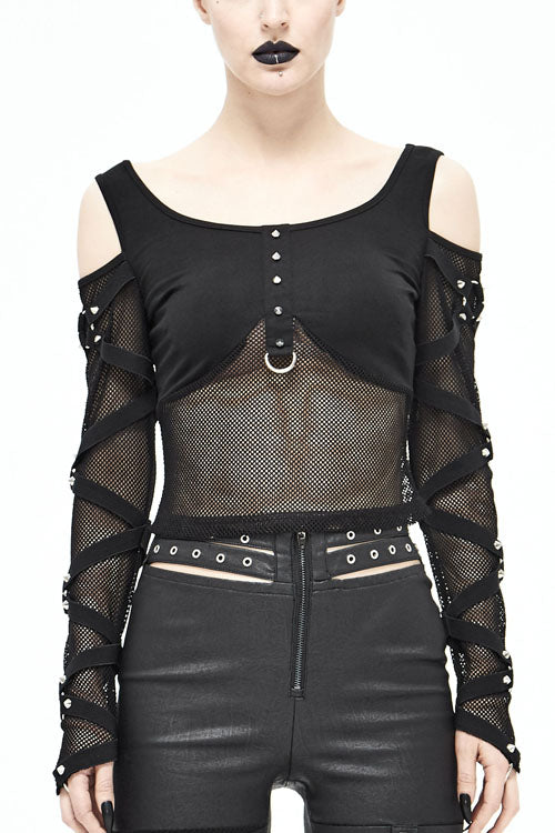 Black Sexy Mesh Spliced Off The Shoulder Long Sleeves Women Punk T-Shirt