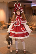 Red [Bobo Bunny Doll] Printed Ruffled Bow Lace-Up Sweet Lolita Jsk Dress 2 Colors