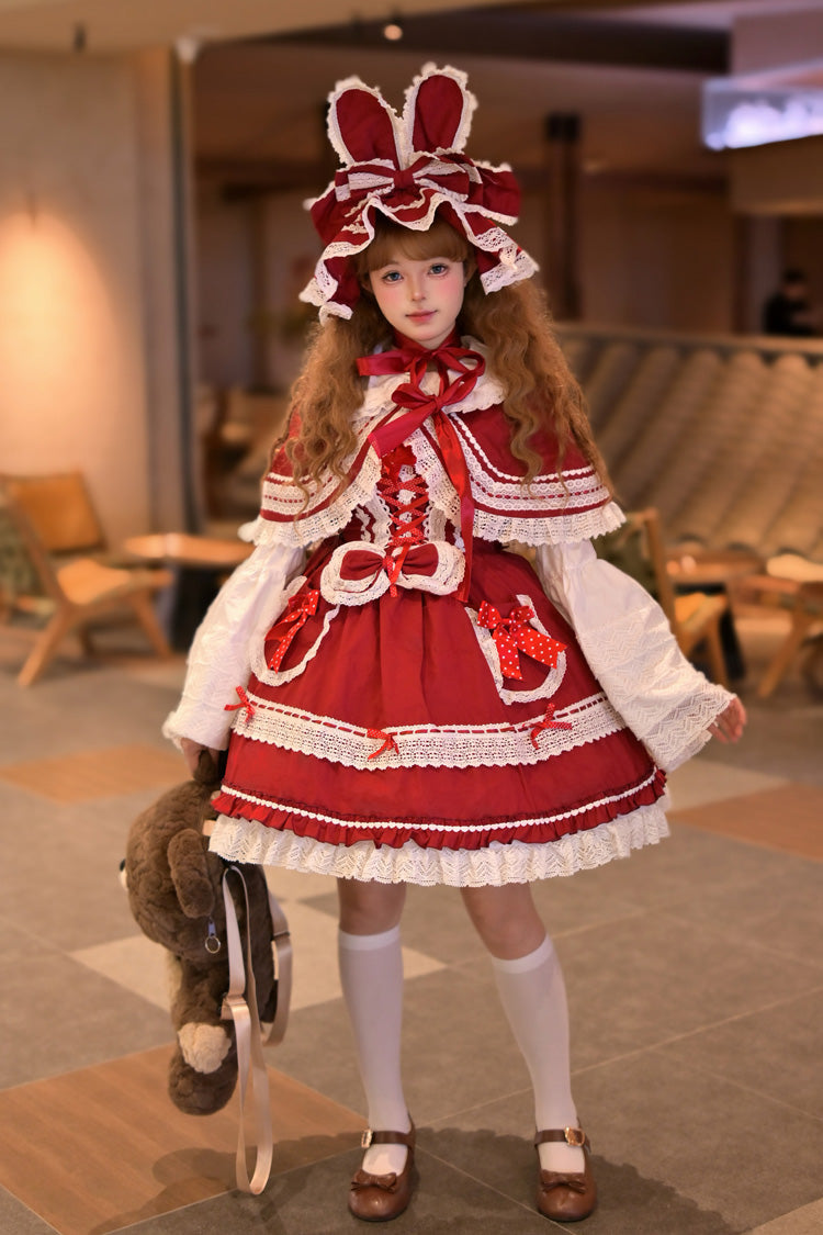 Red [Bobo Bunny Doll] Printed Ruffled Bow Lace-Up Sweet Lolita Jsk Dress 2 Colors