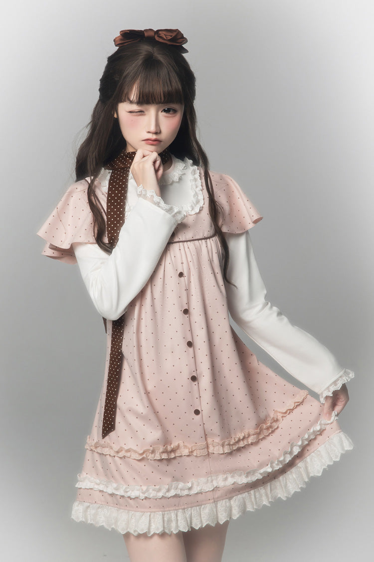 Pink [Polka Dot Bouclé] Round Collar Long Sleeves Printed Ruffled Faux Two-Piece Sweet Japanese Lolita Dress