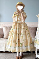 Yellow [Lemon Chicken] Short Sleeves Triple-Layered Print Ruffle Bowknot Lace Sweet Gorgeous Lolita Dress