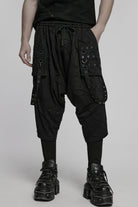 Black Tie-dyed Sagging Men's Punk Pants with Staps